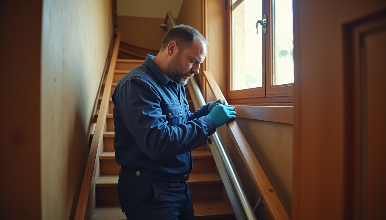 Technicien en train d’installer un monte-escalier dans une maison à Brandérion