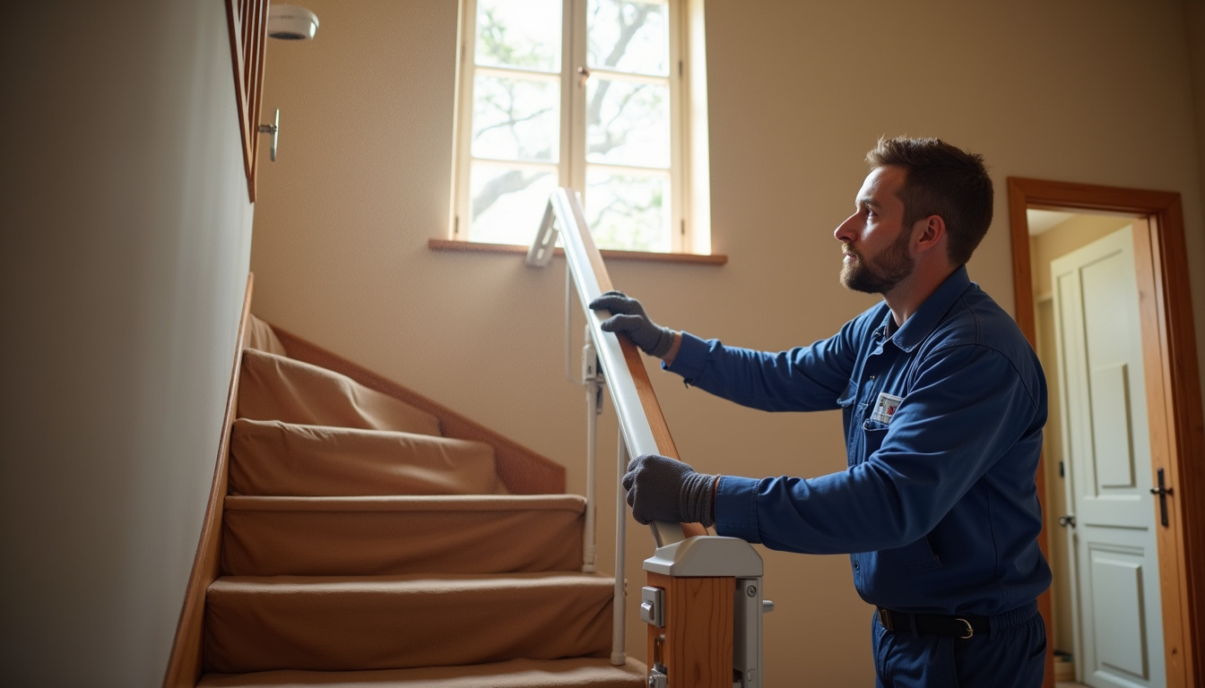 Technicien en train d’installer un monte-escalier dans une maison à Campénéac