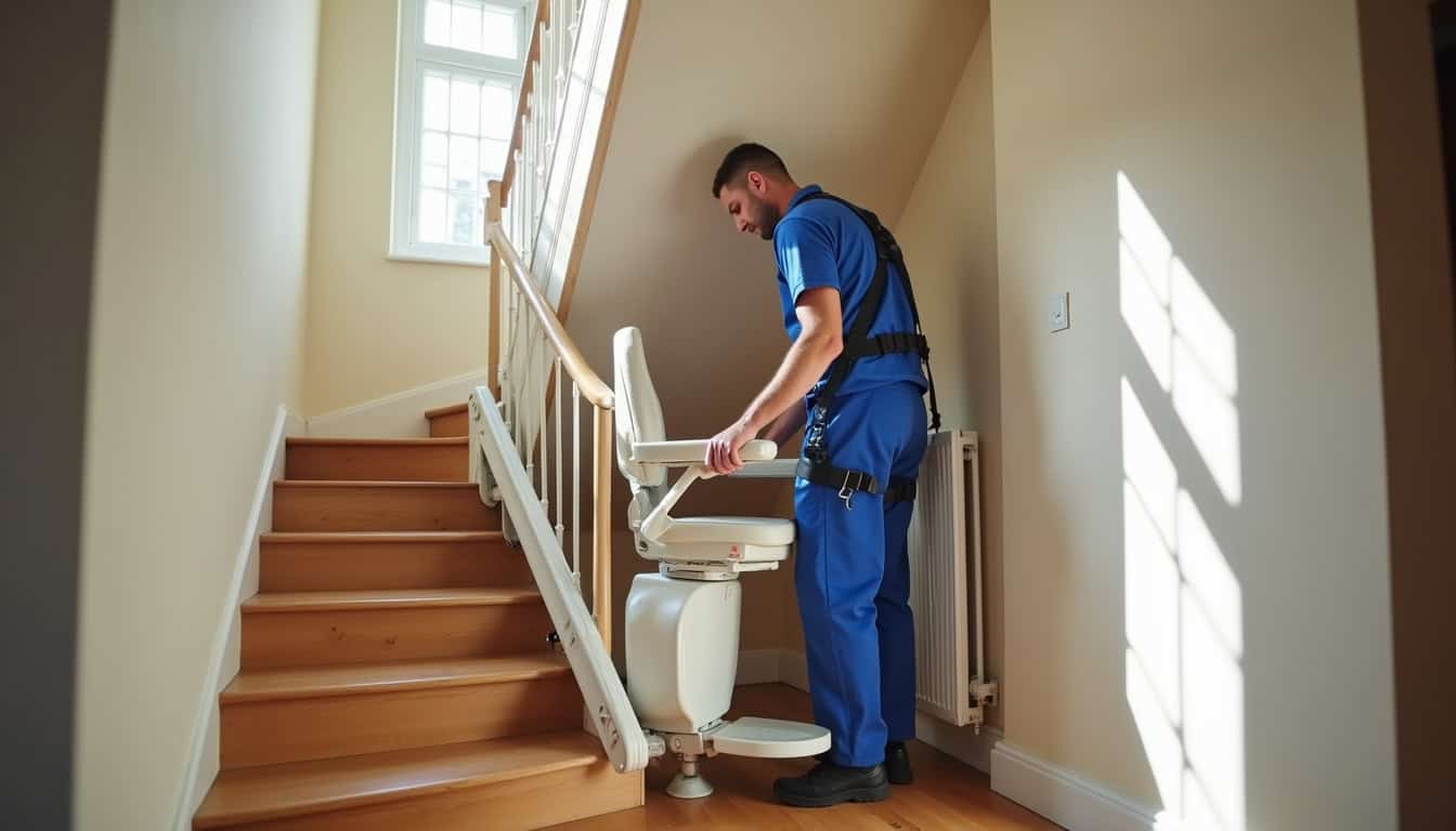 Technicien en train d’installer un monte-escalier dans une maison à Campigny
