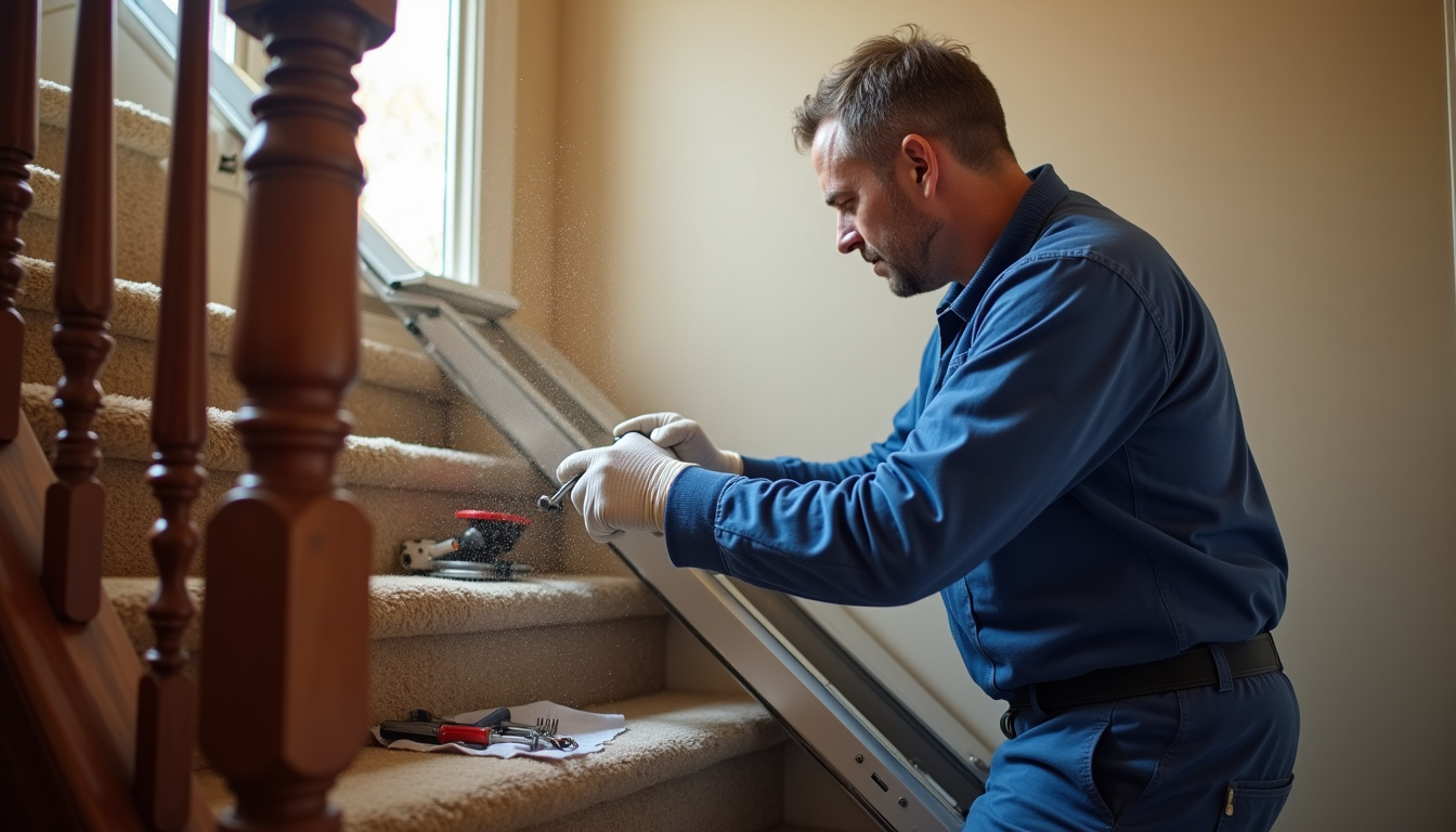 Technicien en train d’installer un monte-escalier dans une maison à Champcueil, en train de fixer le rail sur l’escalier