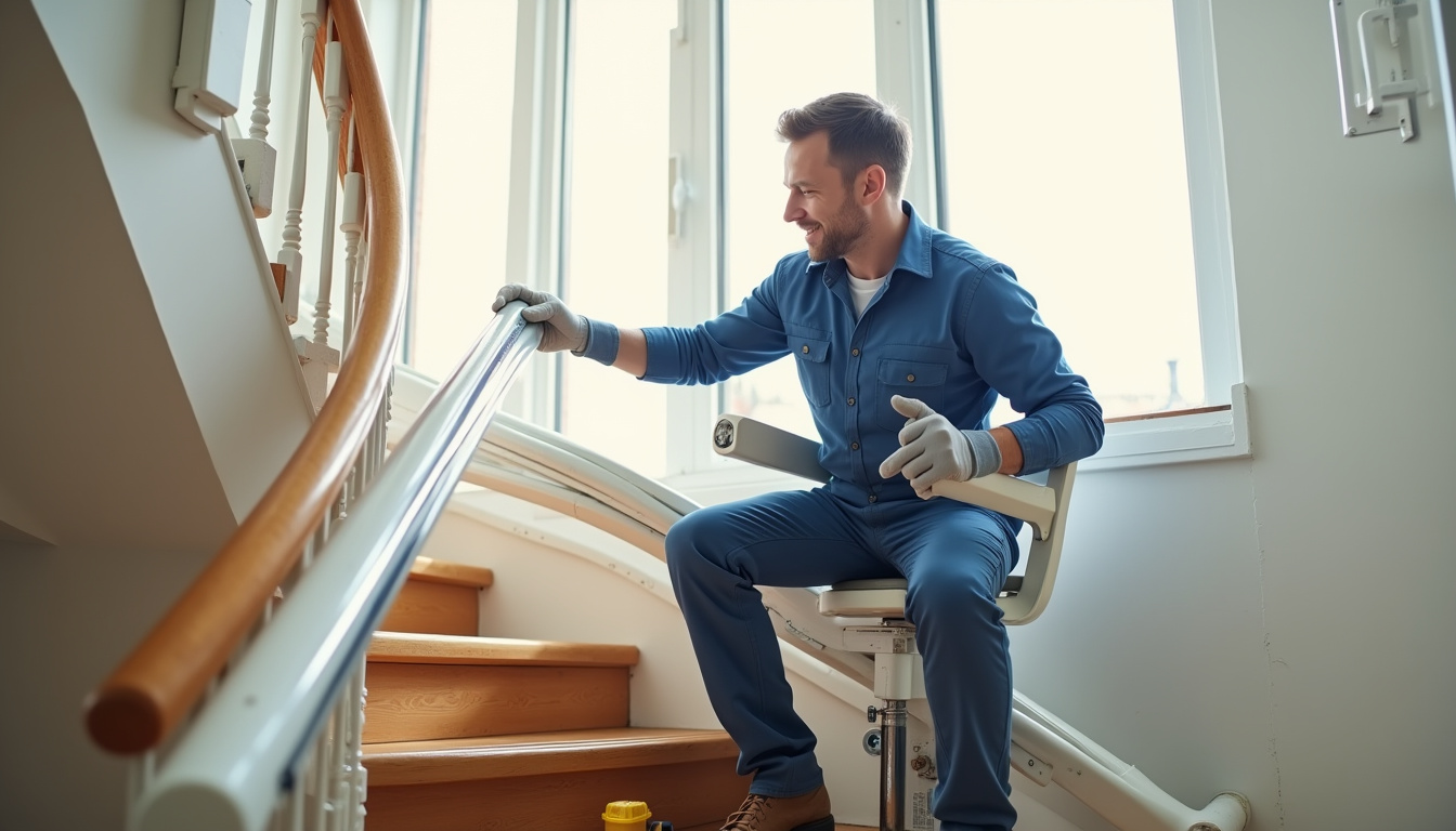 Technicien en train d’installer un monte-escalier dans une maison à Châteauneuf