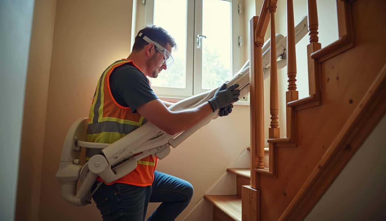 Technicien en train d’installer un monte-escalier dans une maison à Cherré-Au
