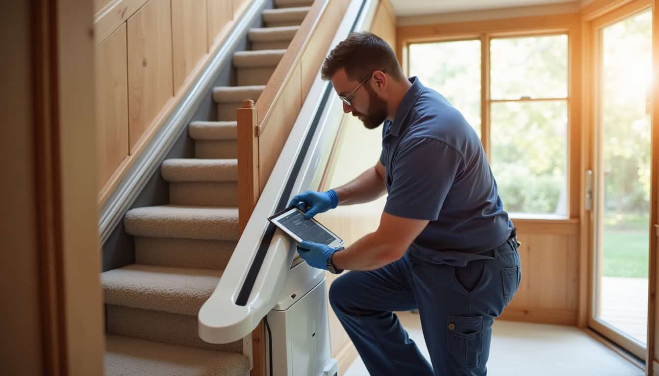 Technicien en train d’installer un monte-escalier dans une maison à Choisey