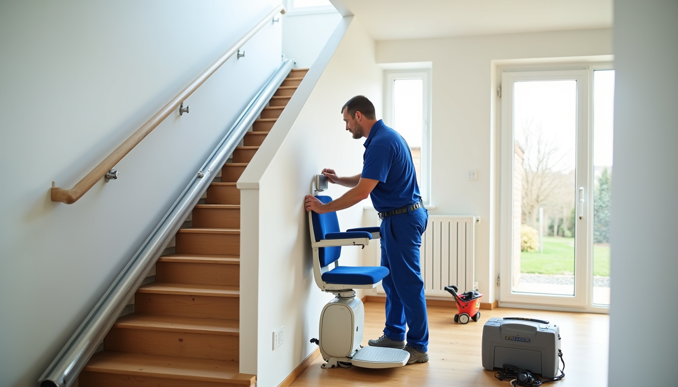 Technicien en train d’installer un monte-escalier dans une maison à Civrieux-d