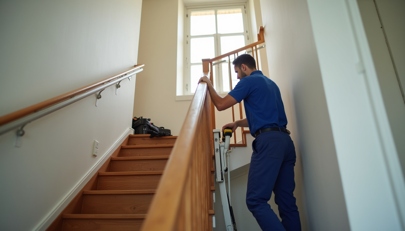 Technicien en train d’installer un monte-escalier dans une maison à Cocumont