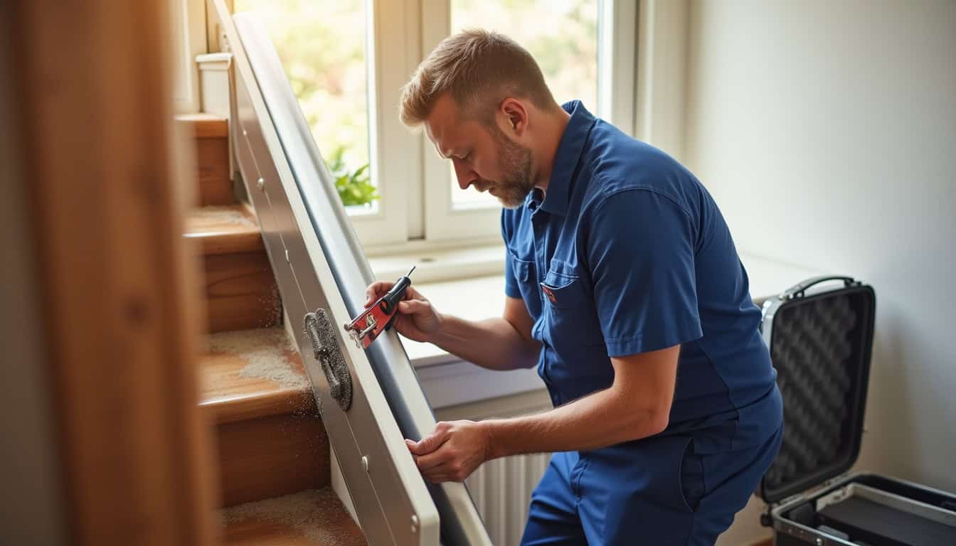 Technicien en train d’installer un monte-escalier dans une maison à Cormeray