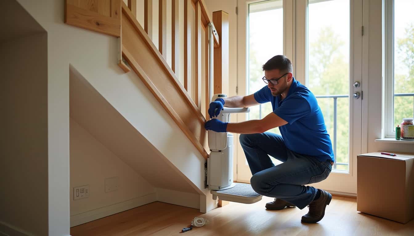 Technicien en train d’installer un monte-escalier dans une maison à Crespin