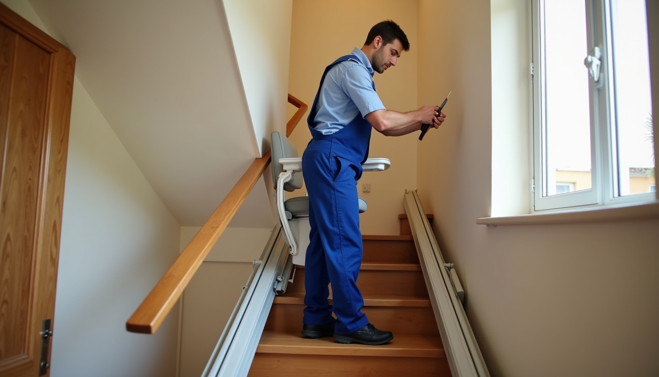 Technicien en train d’installer un monte-escalier dans une maison à Delme