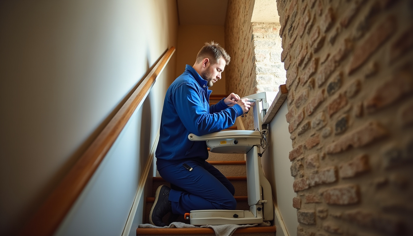Technicien en train d’installer un monte-escalier dans une maison à Dives-sur-Mer