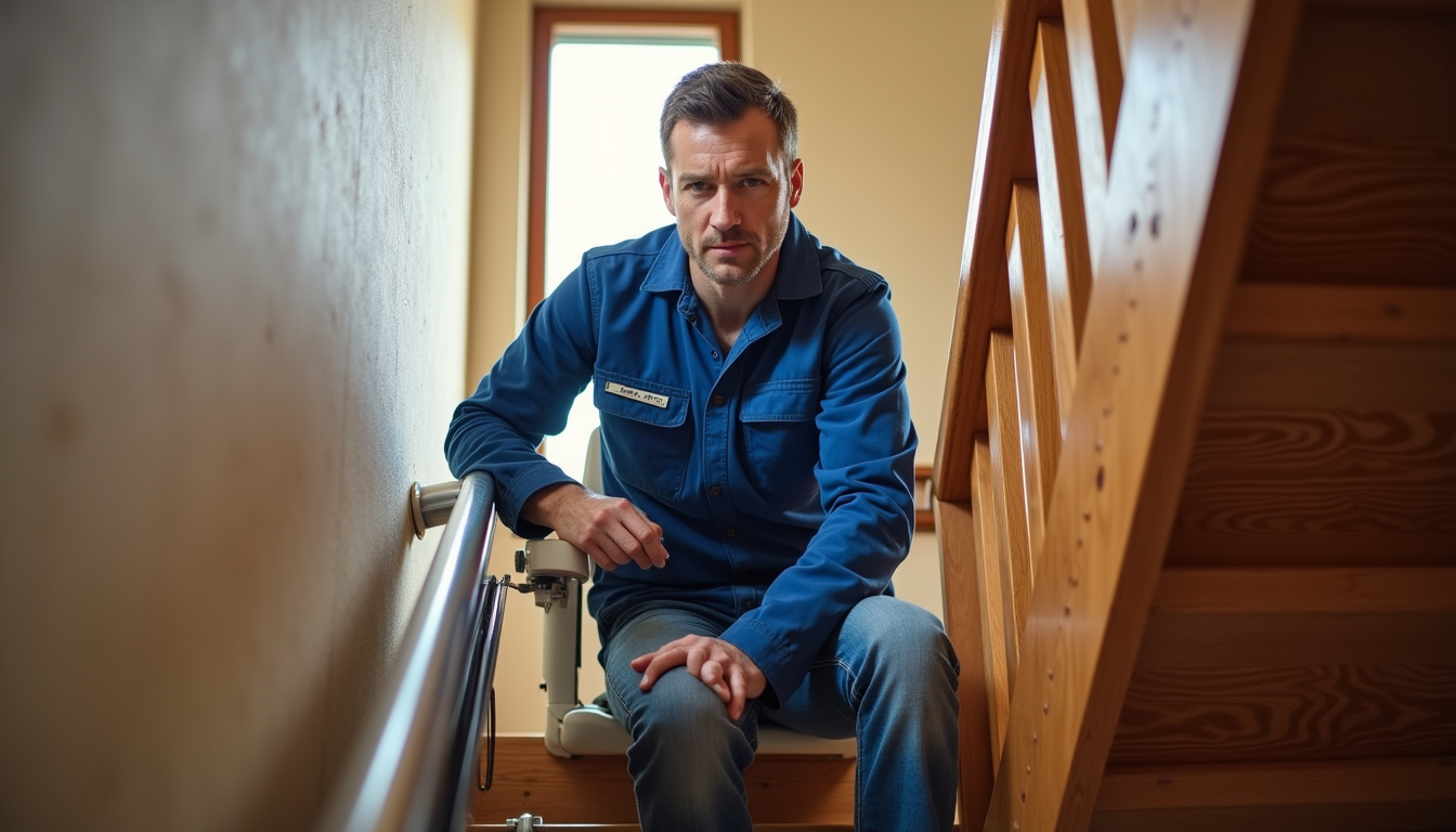 Technicien en train d’installer un monte-escalier dans une maison à Dolomieu