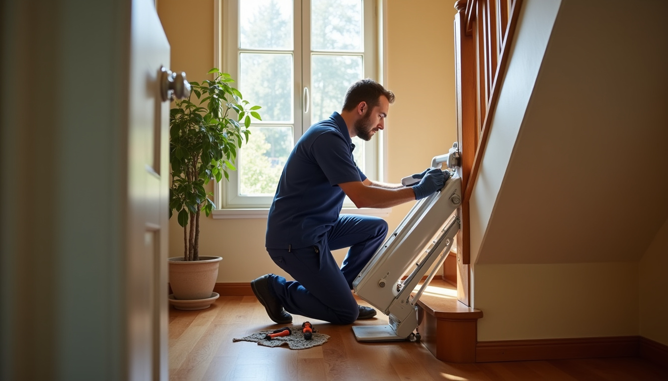 Technicien en train d’installer un monte-escalier dans une maison à Fonbeauzard