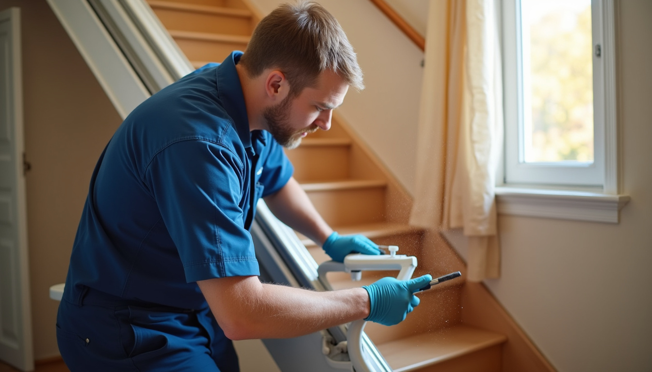 Technicien en train d’installer un monte-escalier dans une maison à Frévent