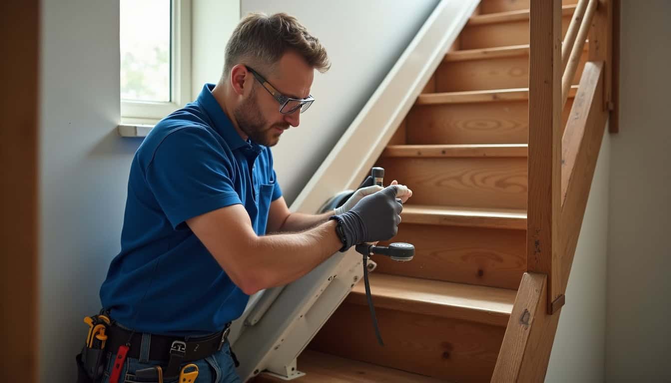 Technicien en train d’installer un monte-escalier dans une maison à Frignicourt
