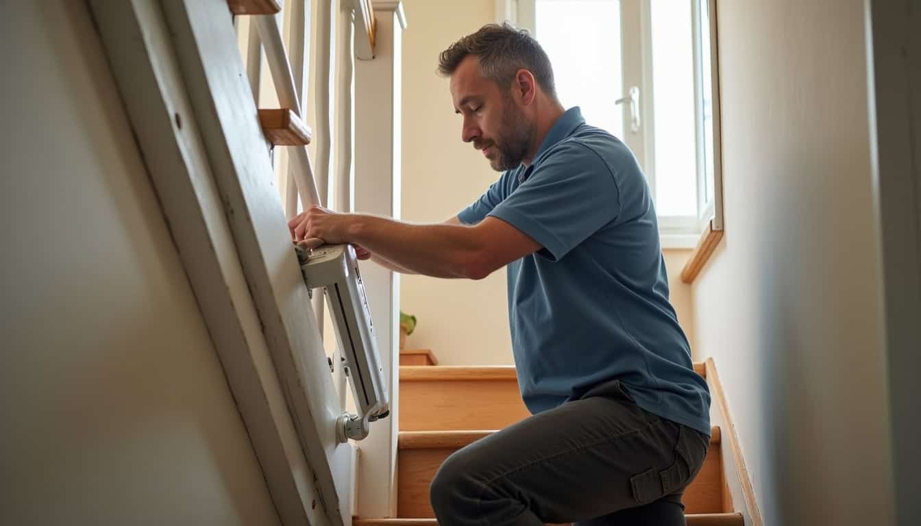 Technicien en train d’installer un monte-escalier dans une maison à Fublaines