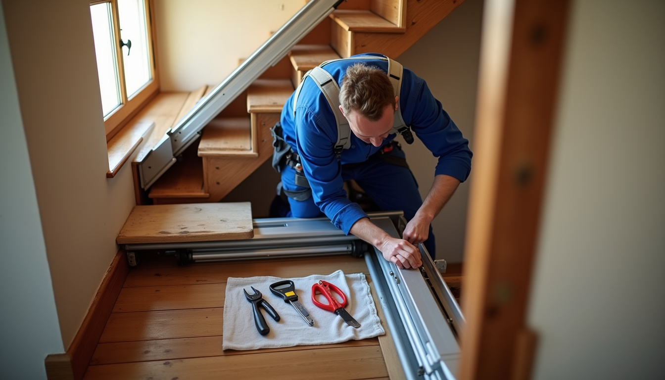 Technicien en train d’installer un monte-escalier dans une maison à Gaillac-Toulza