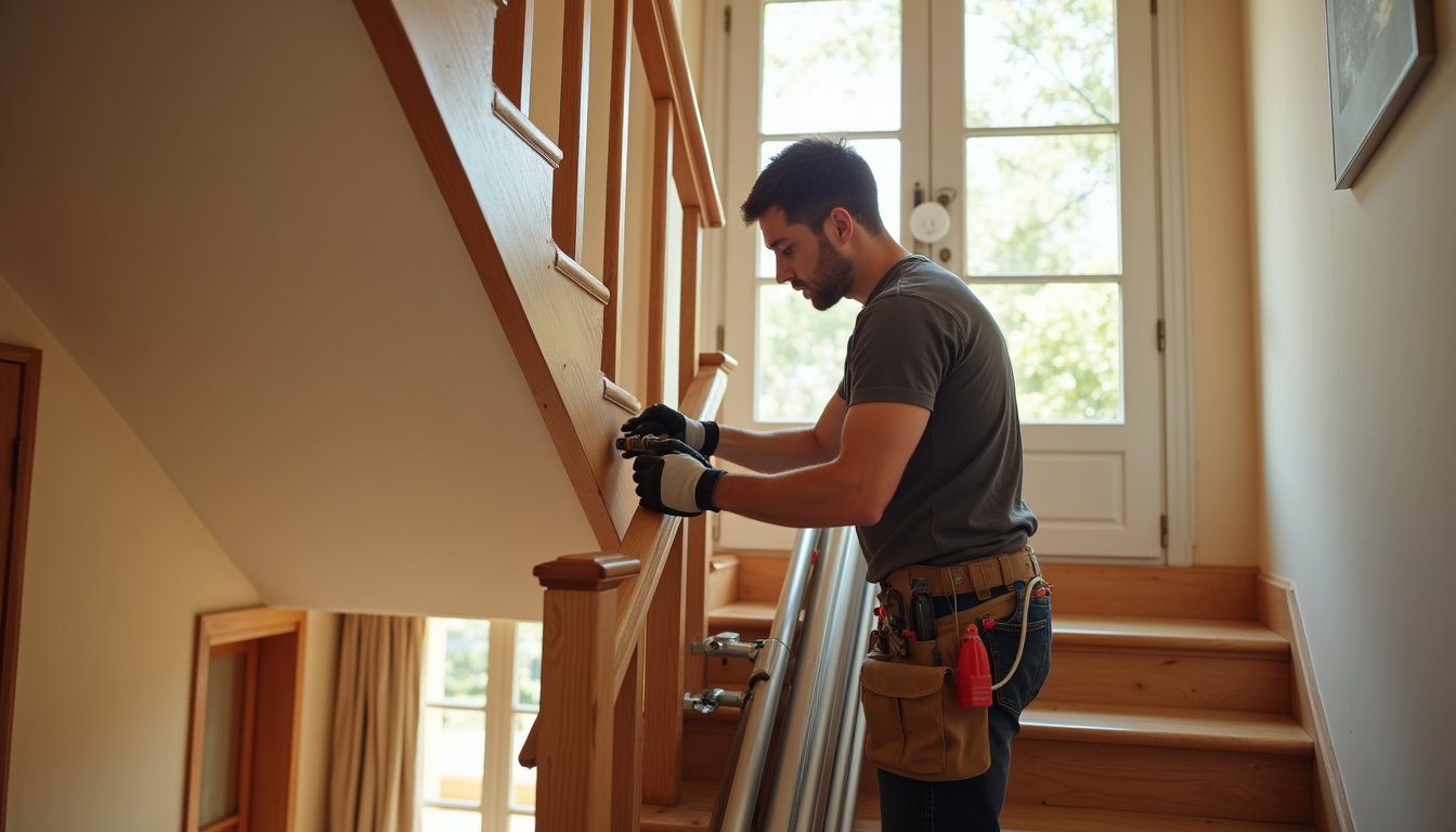 Technicien en train d’installer un monte-escalier dans une maison à Gassin