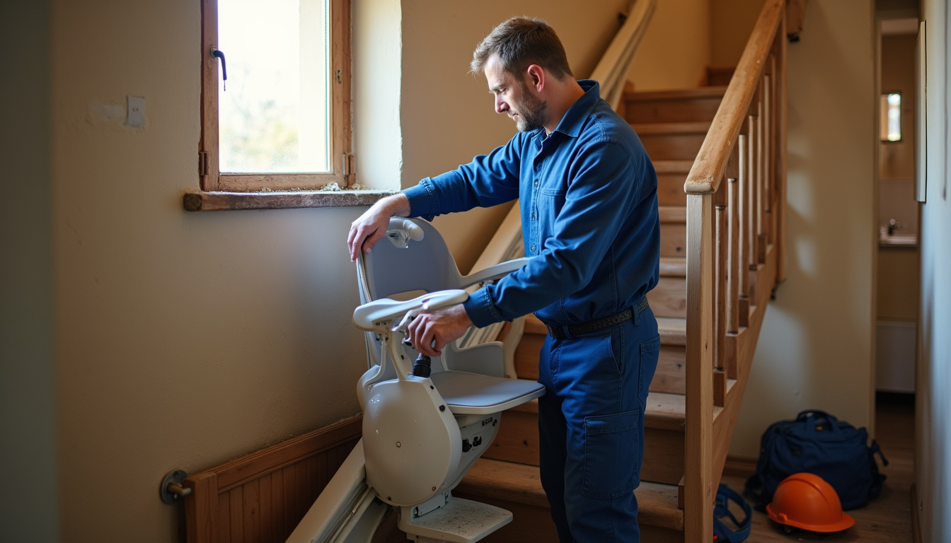 Technicien en train d’installer un monte-escalier dans une maison à Gavray-sur-Sienne