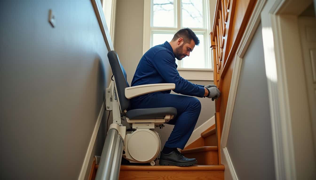 Technicien en train d’installer un monte-escalier dans une maison à Gidy