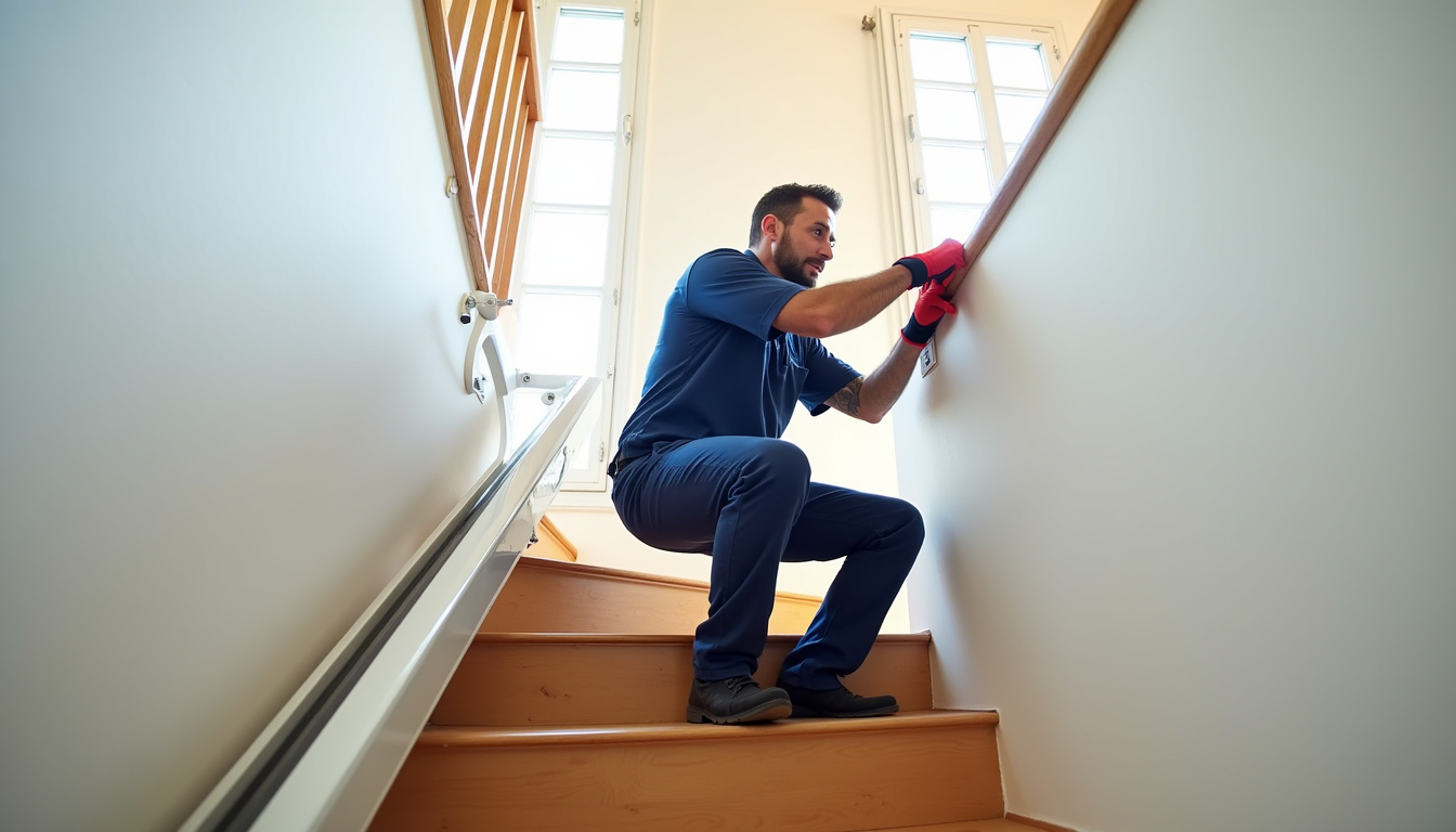 Technicien en train d’installer un monte-escalier dans une maison à Gignac-la-Nerthe
