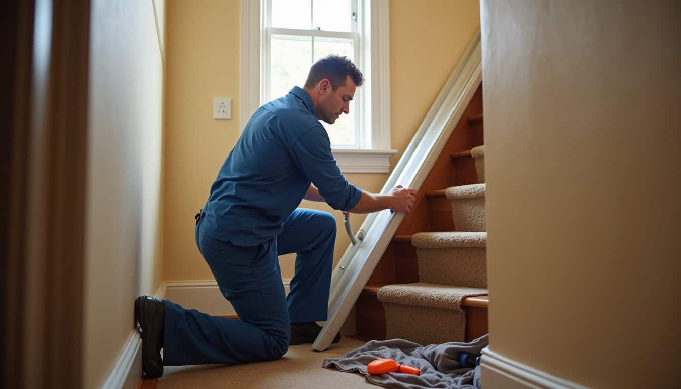 Technicien en train d'installer un monte-escalier dans une maison à Goderville