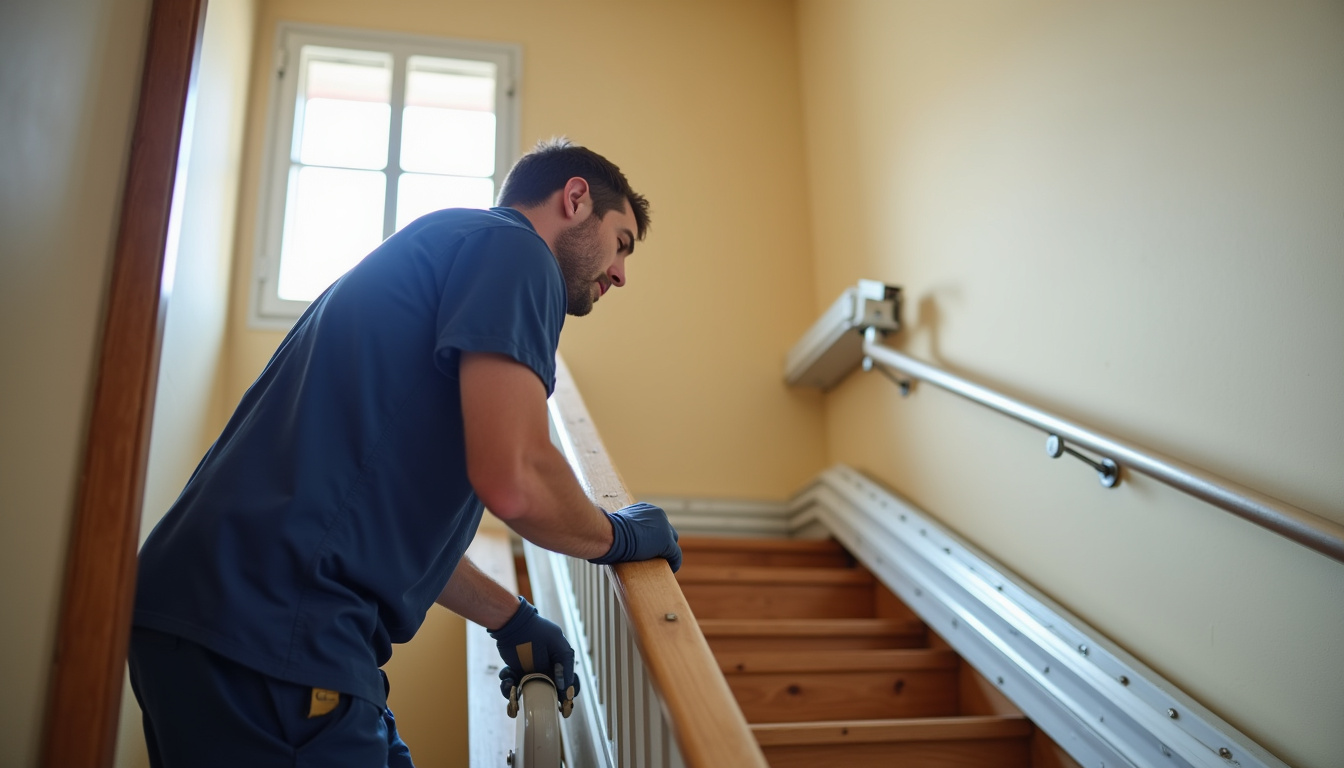 Technicien en train d’installer un monte-escalier dans une maison à Grandchamp-des-Fontaines