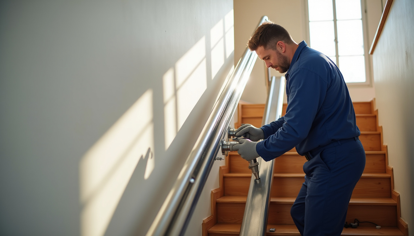 Technicien en train d’installer un monte-escalier dans une maison à Ingré