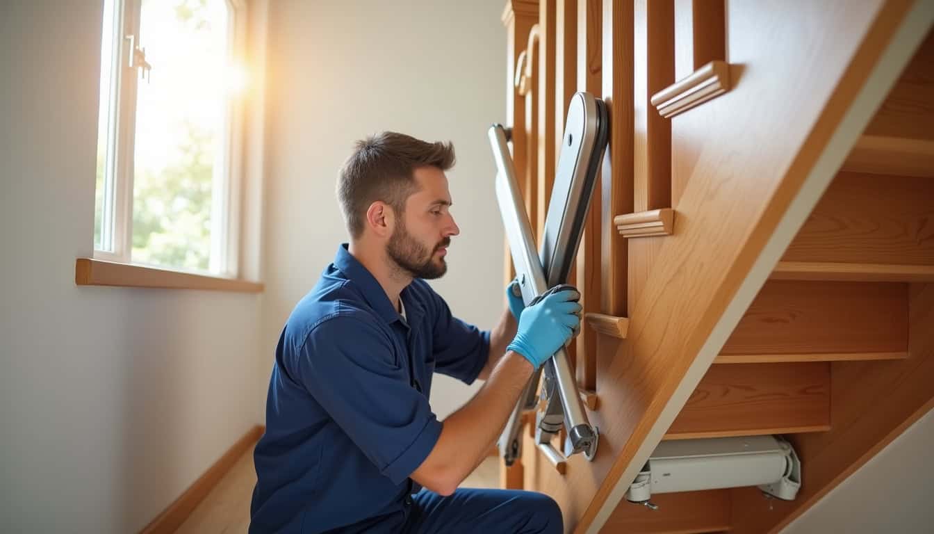 Technicien en train d’installer un monte-escalier dans une maison à Le Port