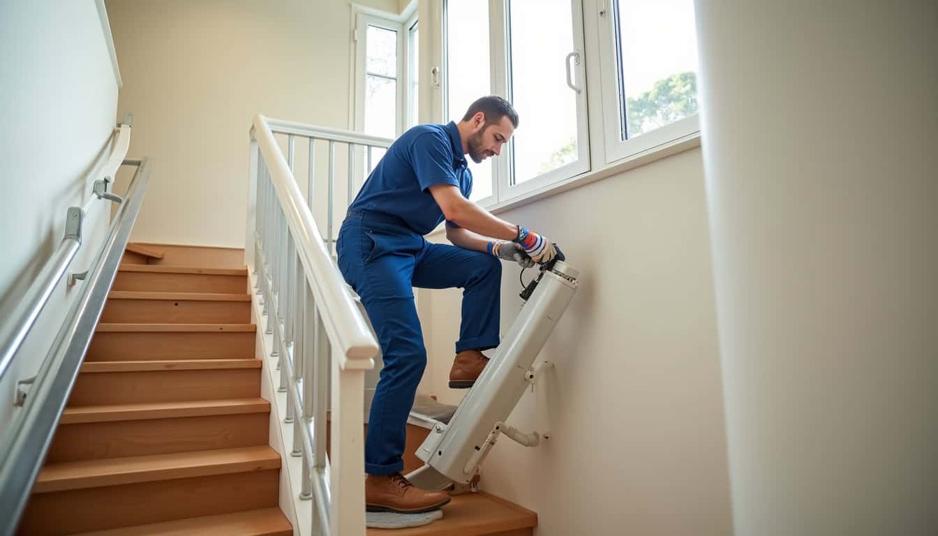 Technicien en train d’installer un monte-escalier dans une maison à Le Tampon