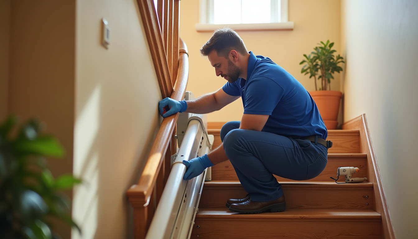 Technicien en train d'installer un monte-escalier dans une maison à Lieuran-lès-Béziers