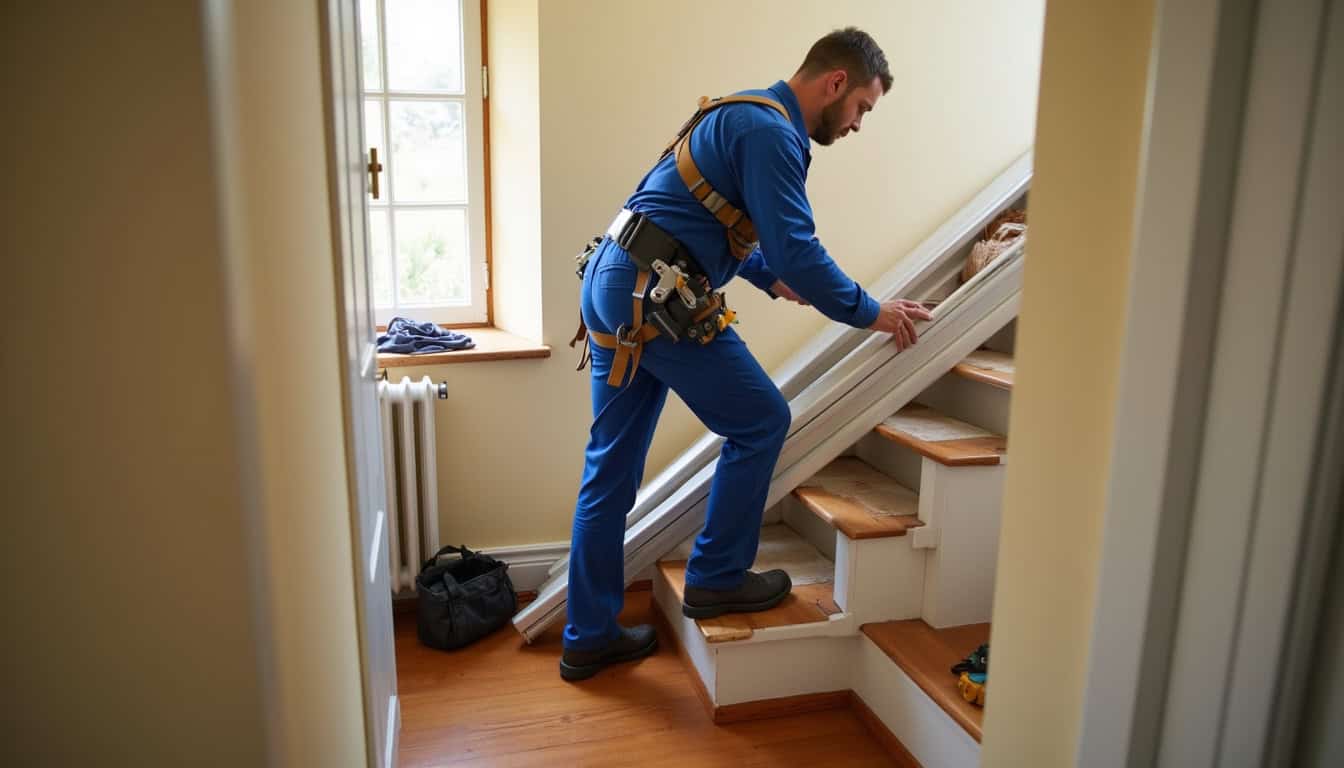 Technicien en train d’installer un monte-escalier dans une maison à Luzancy