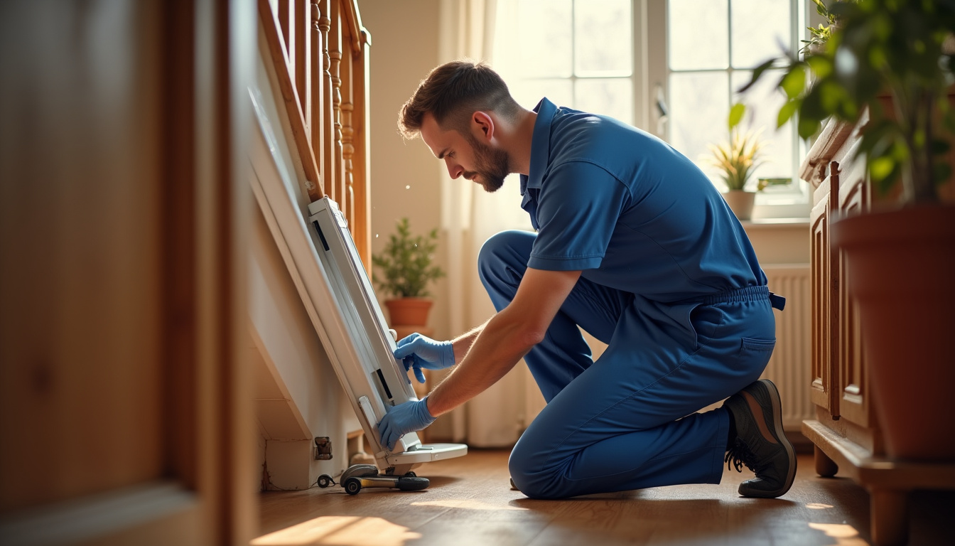 Technicien en train d’installer un monte-escalier dans une maison à Meistratzheim