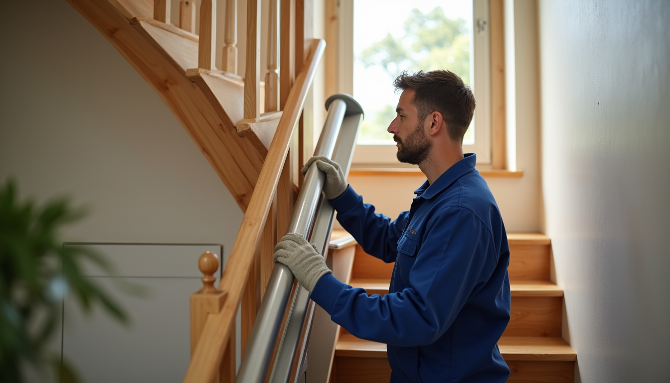 Technicien en train d’installer un monte-escalier dans une maison à Mervans