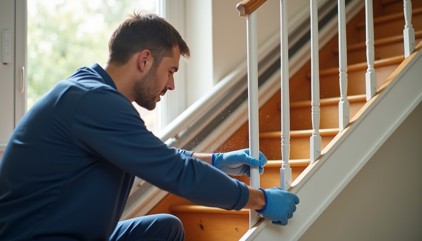 Technicien en train d’installer un monte-escalier dans une maison à Missiriac, vérifiant les mesures et la sécurité du rail