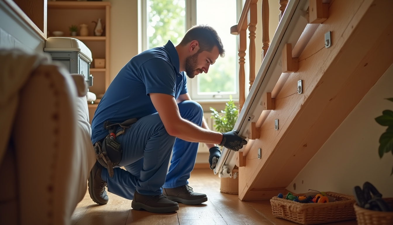 Technicien en train d’installer un monte-escalier dans une maison à Montpezat-de-Quercy
