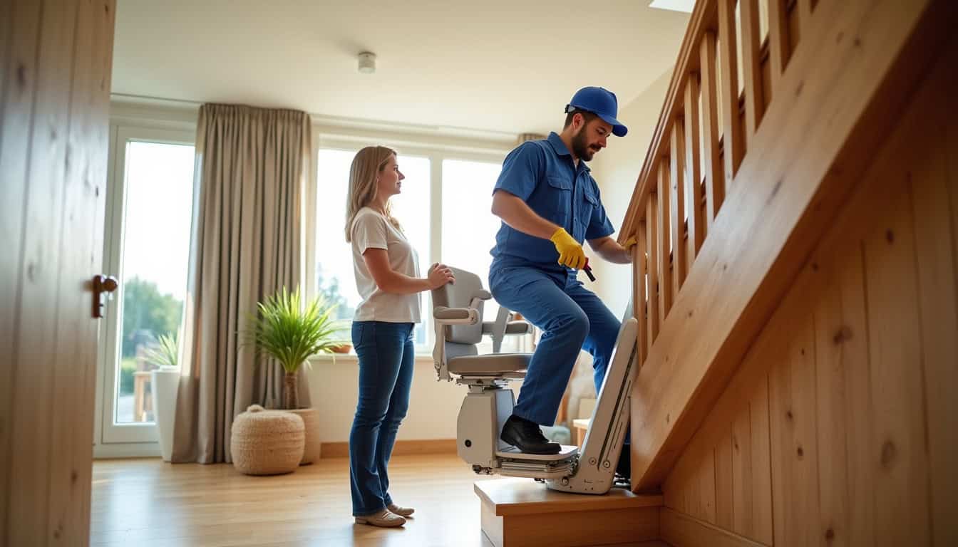 Technicien en train d’installer un monte-escalier dans une maison à Moyaux