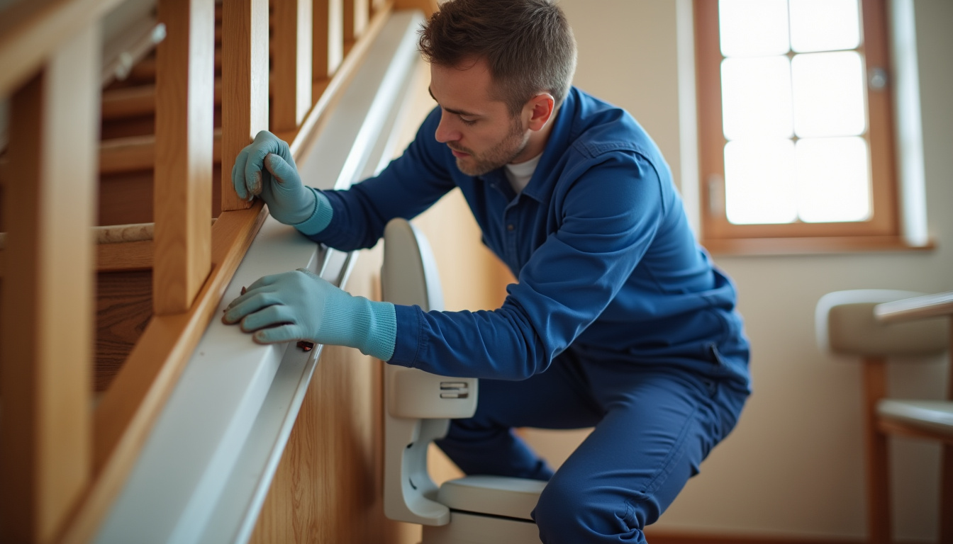Technicien en train d’installer un monte-escalier dans une maison à Nogaro