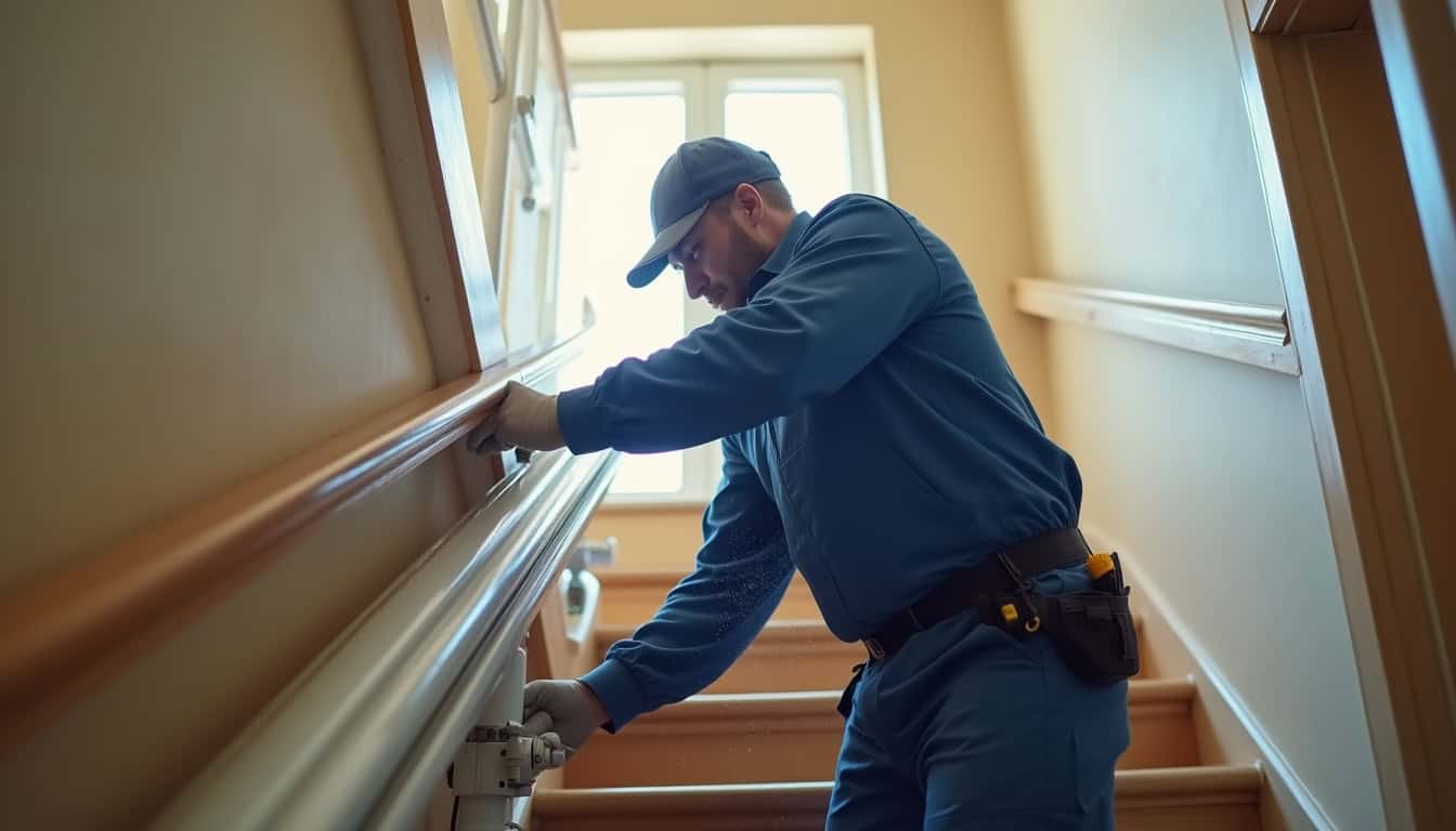 Technicien en train d’installer un monte-escalier dans une maison à Orly