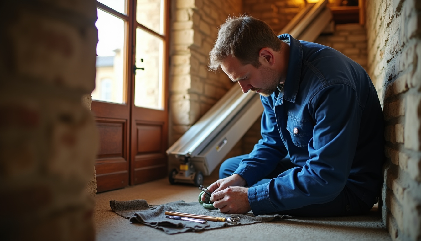 Technicien en train d’installer un monte-escalier dans une maison à Peschadoires