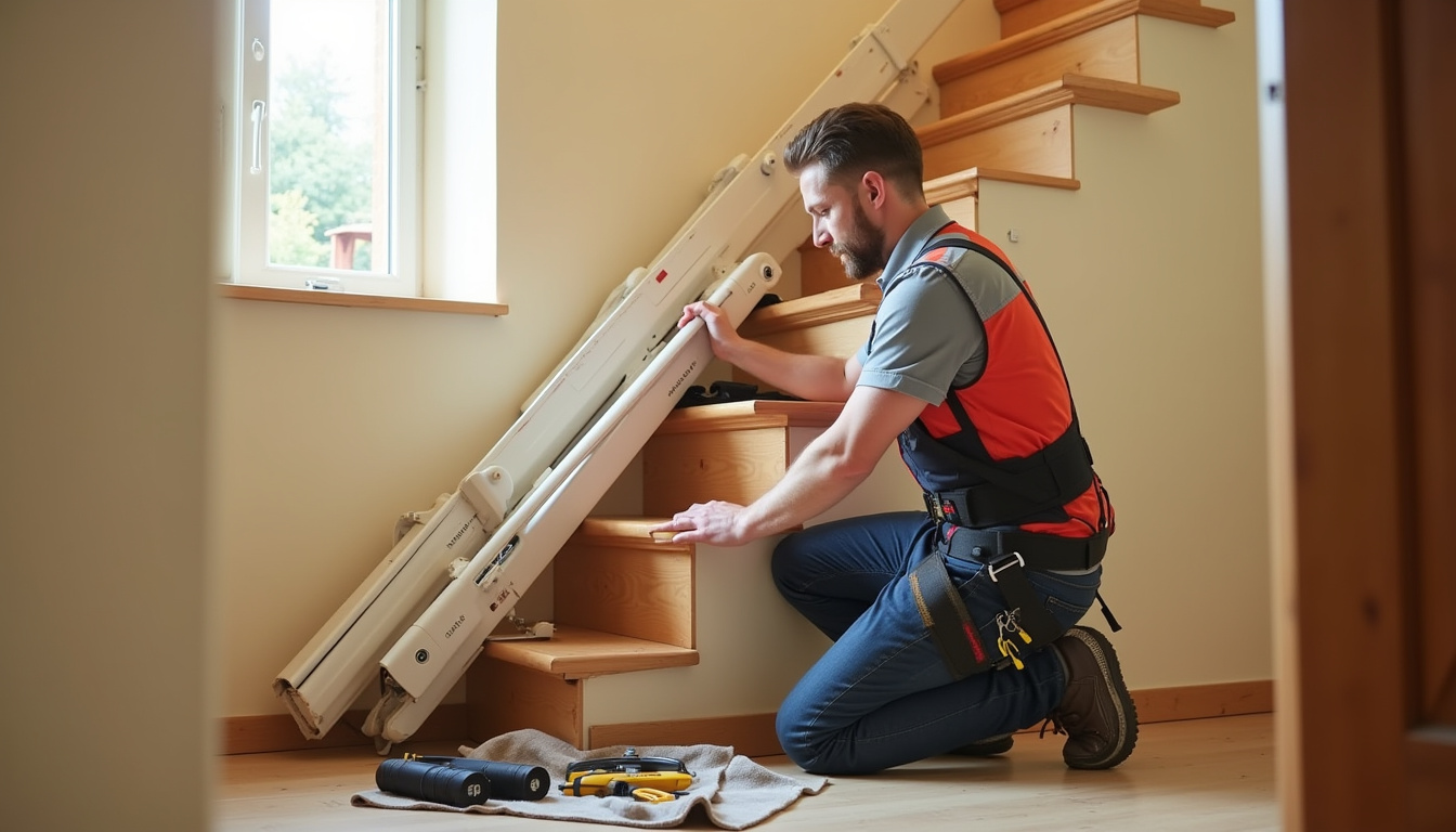Technicien en train d’installer un monte-escalier dans une maison à Pezou