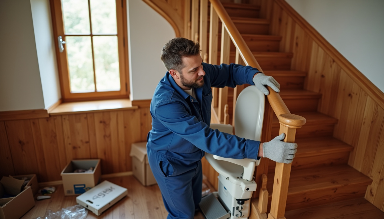 Technicien en train d’installer un monte-escalier dans une maison à Pissos