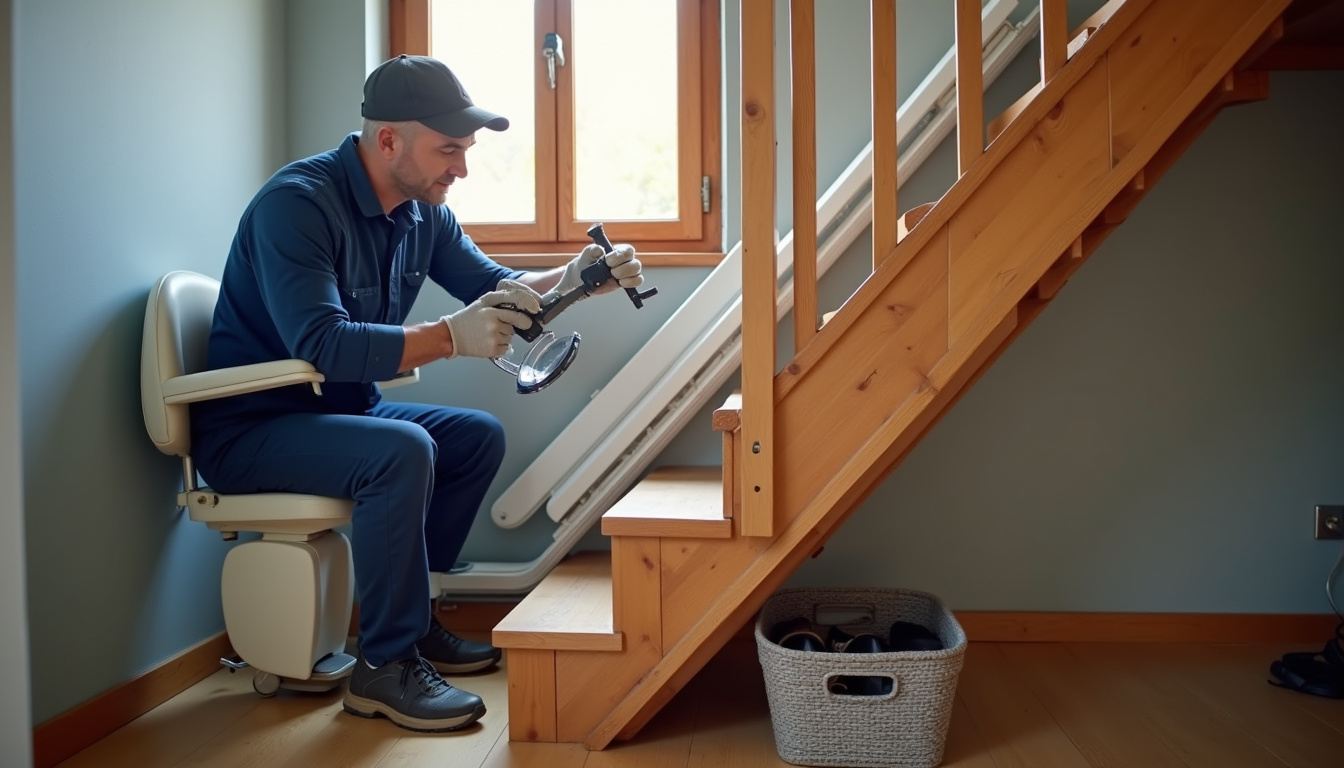 Technicien en train d’installer un monte-escalier dans une maison à Pleucadeuc