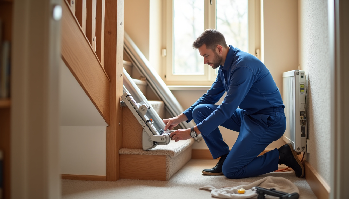 Technicien en train d'installer un monte-escalier dans une maison à Pomponne