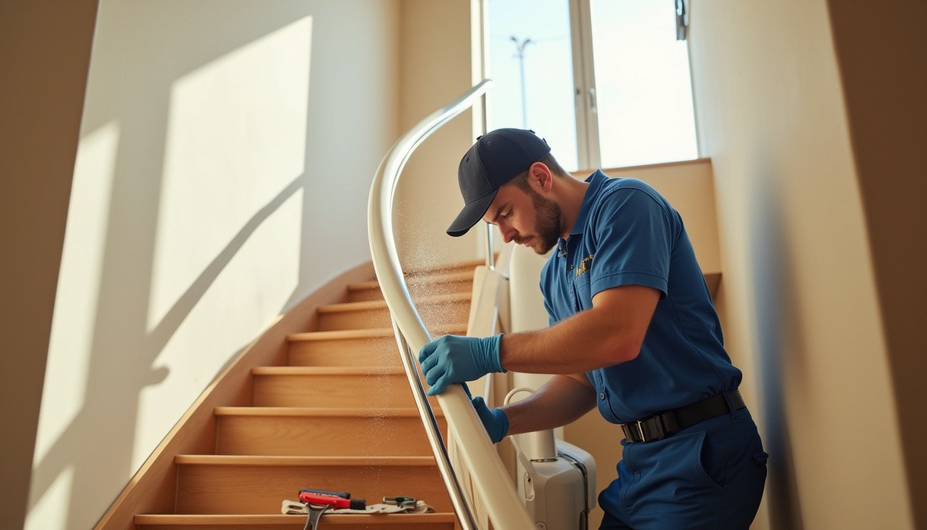 Technicien en train d’installer un monte-escalier dans une maison à Portiragnes