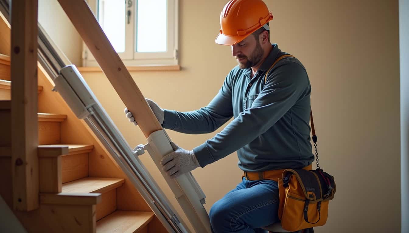 Technicien en train d’installer un monte-escalier dans une maison à Puyoô, avec outils et matériel de sécurité