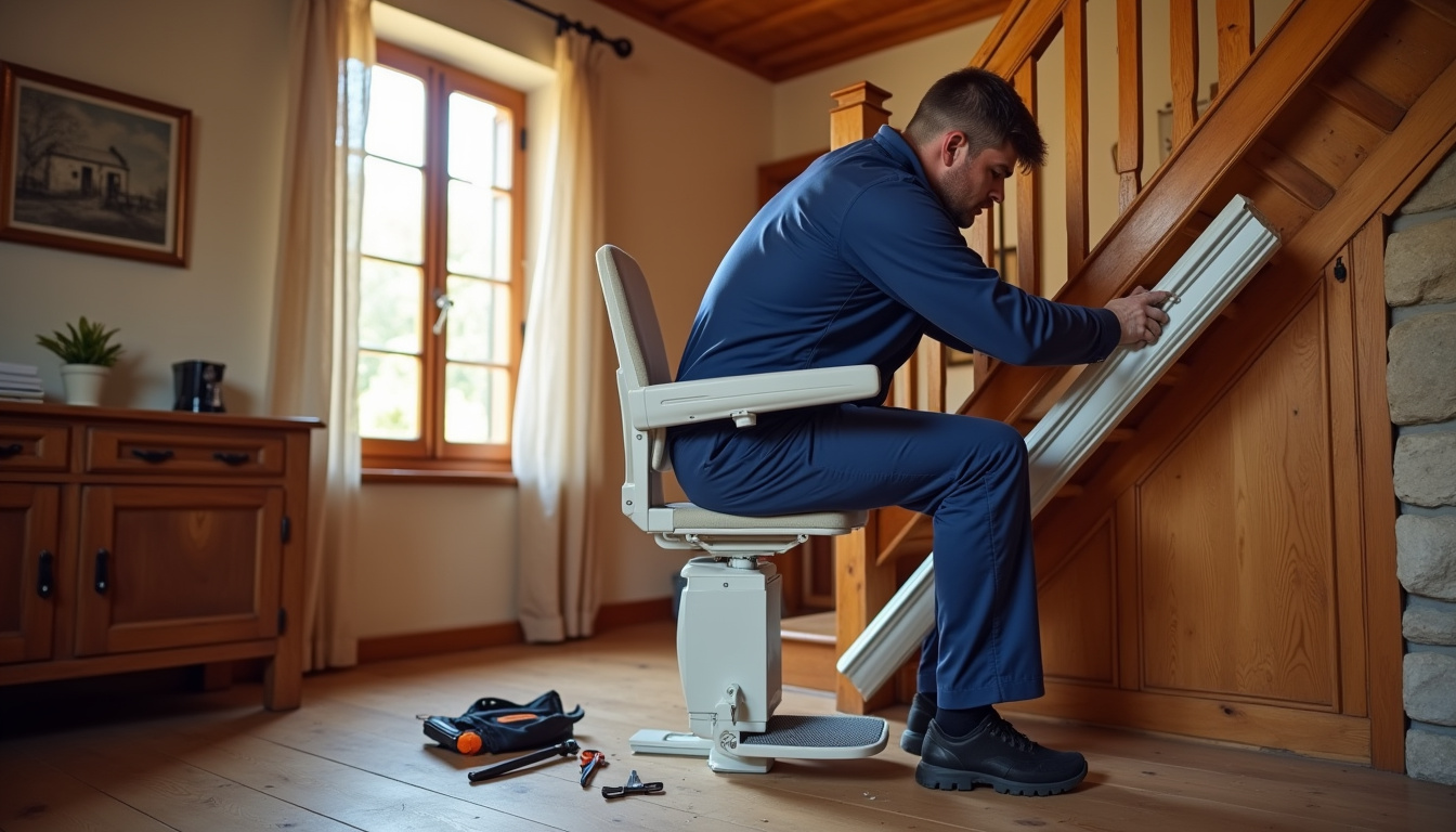 Technicien en train d’installer un monte-escalier dans une maison à Régnié-Durette