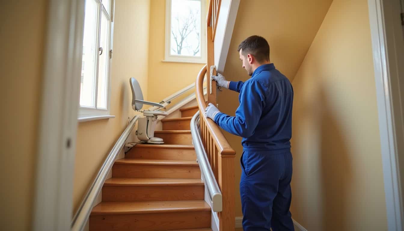 Technicien en train d’installer un monte-escalier dans une maison à Revigny-sur-Ornain