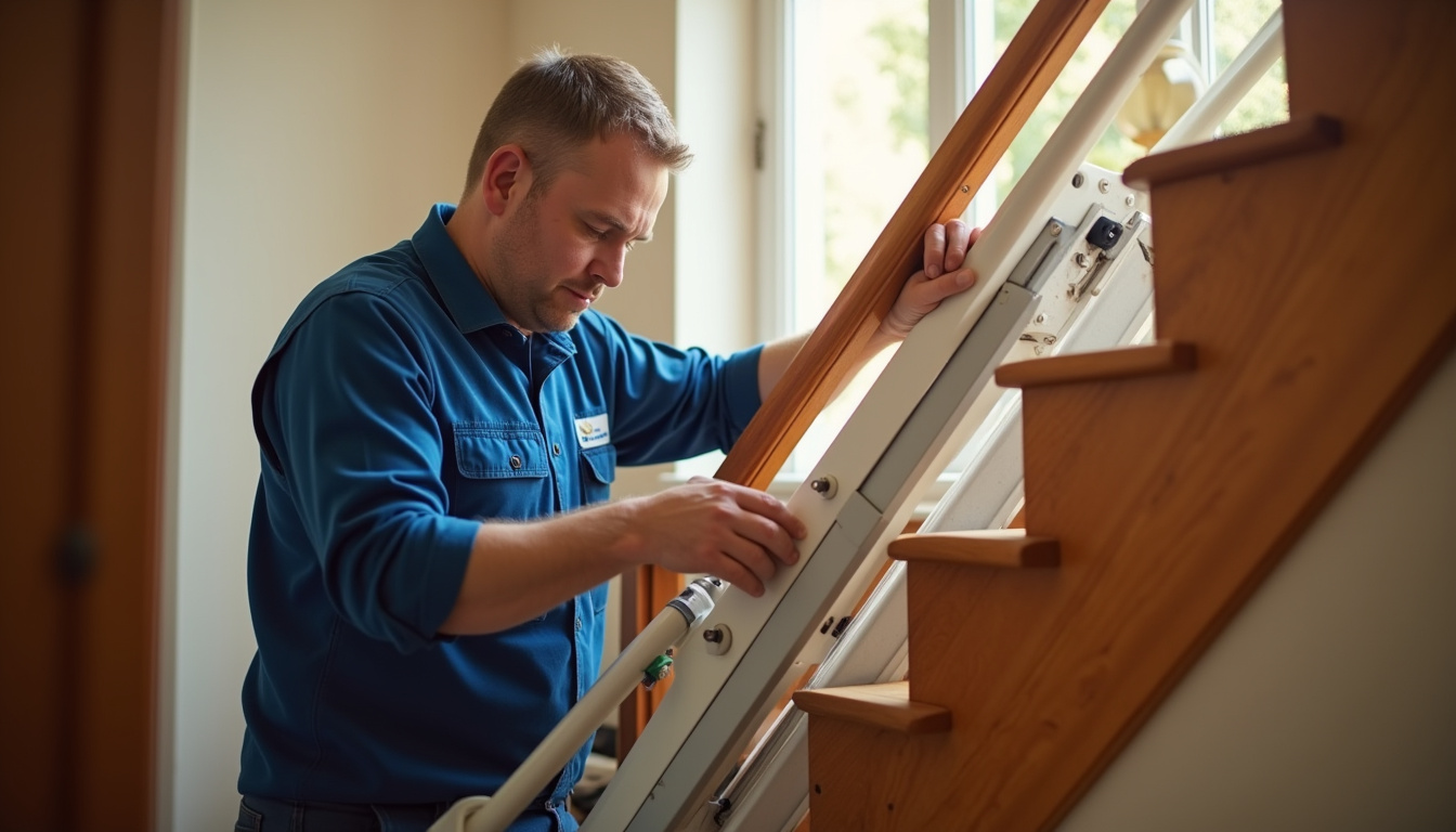 Technicien en train d’installer un monte-escalier dans une maison à Reyssouze