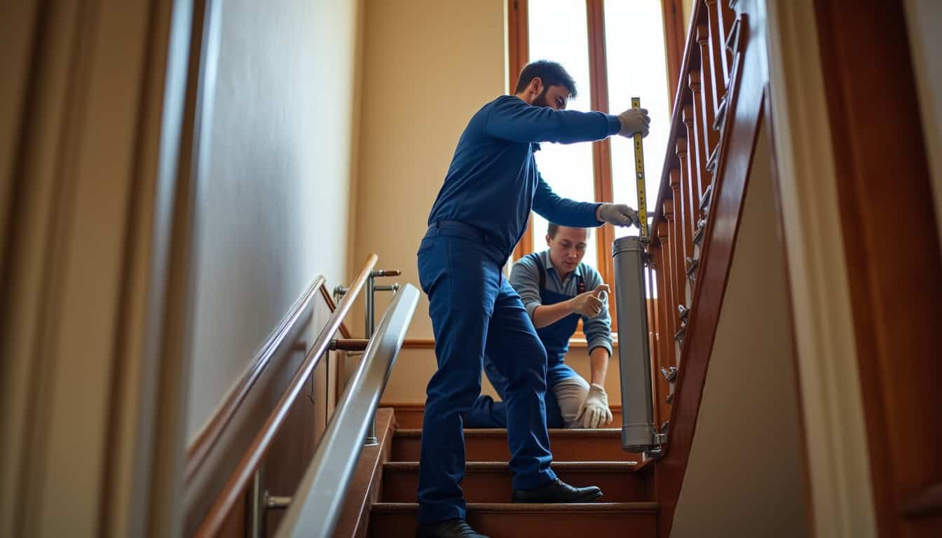 Technicien en train d'installer un monte-escalier dans une maison à Rilly-la-Montagne
