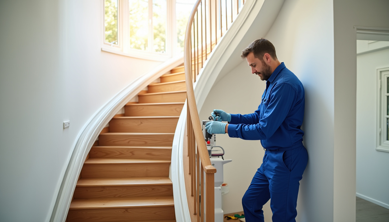 Technicien en train d’installer un monte-escalier dans une maison à Sablons