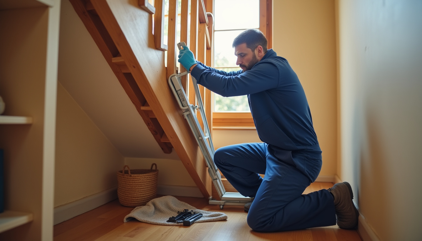 Technicien en train d’installer un monte-escalier dans une maison à Sabres